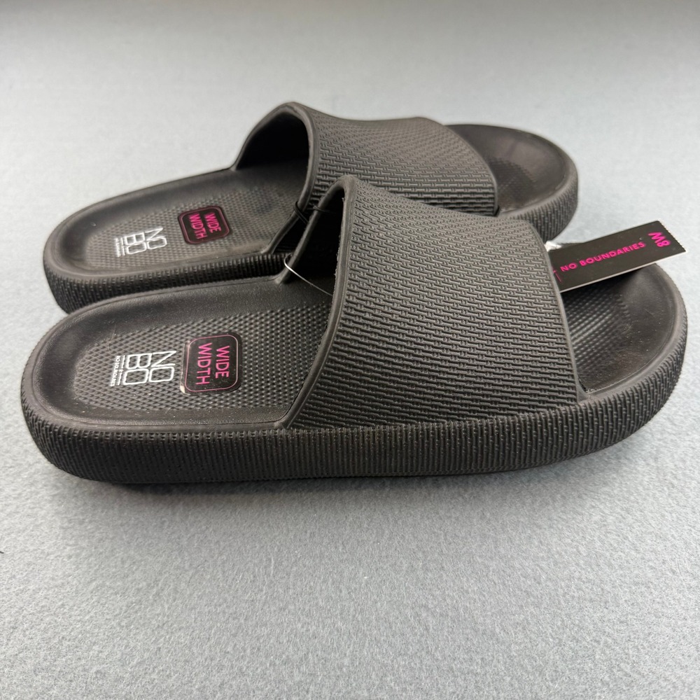 No Boundaries Slide Sandals Womens 8W Black Wide Width Textured Comfort‎ Foam - Picture 2 of 6